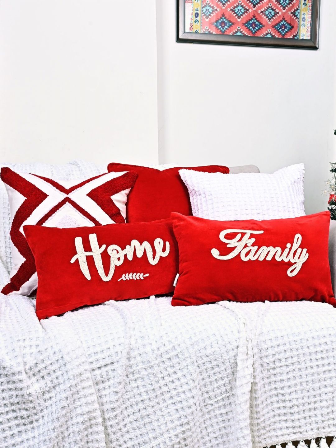 ANWYN Red & White 5 Pieces Embroidered Pure Cotton Square Rectangle Cushion Covers-picture-24