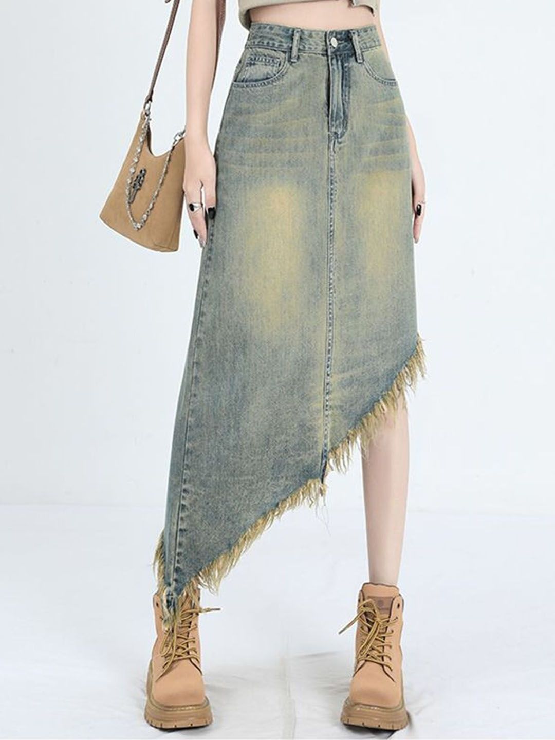 LULU & SKY Frayed Hem Asymmetric Denim Skirt-image-47