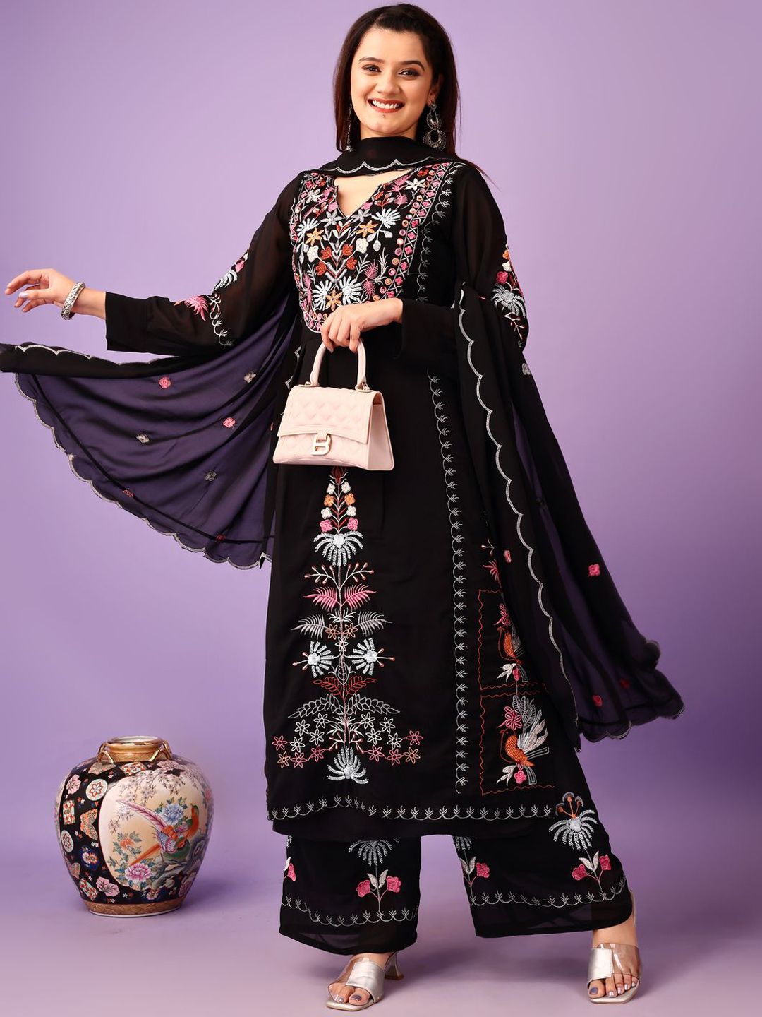 KALINI Ethnic Motifs Embroidered Georgette A-Line Kurta with Palazzos & Dupatta-picture-39