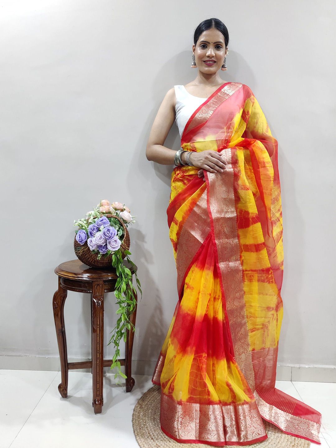 Mitera Tie and Dye Zari Organza Leheriya Saree-picture-38