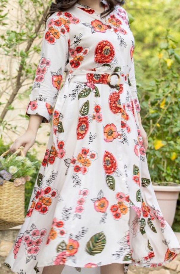 Buy FREYAA Women Floral Printed A Line Dress Comes With A Belt ...