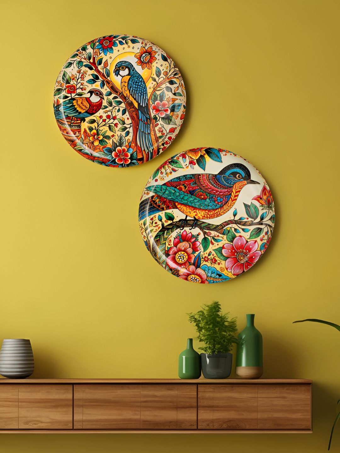 Homspurts Yellow & Pink 2 Pieces Feathered Friends Printed Wall Plates-picture-32