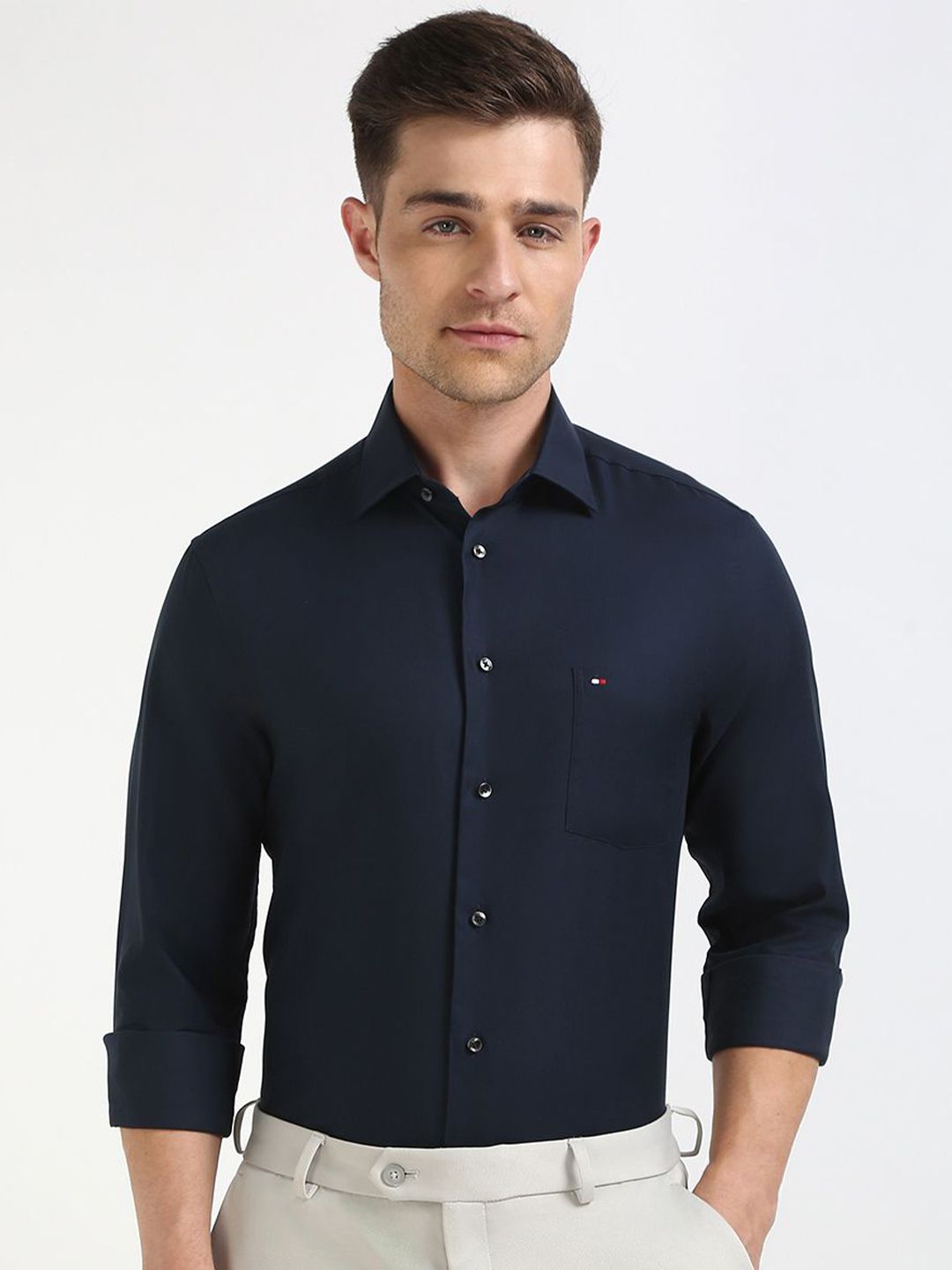 Tommy Hilfiger Men Spread Collar Solid Cotton Slim Fit Formal Shirt-image-49