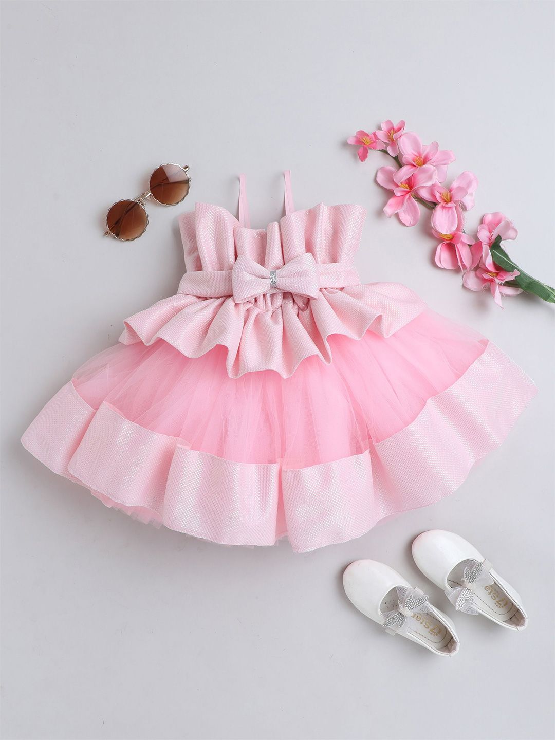 TINY MINY ME Girls Shoulder Straps Self Design Satin Dress-picture-17