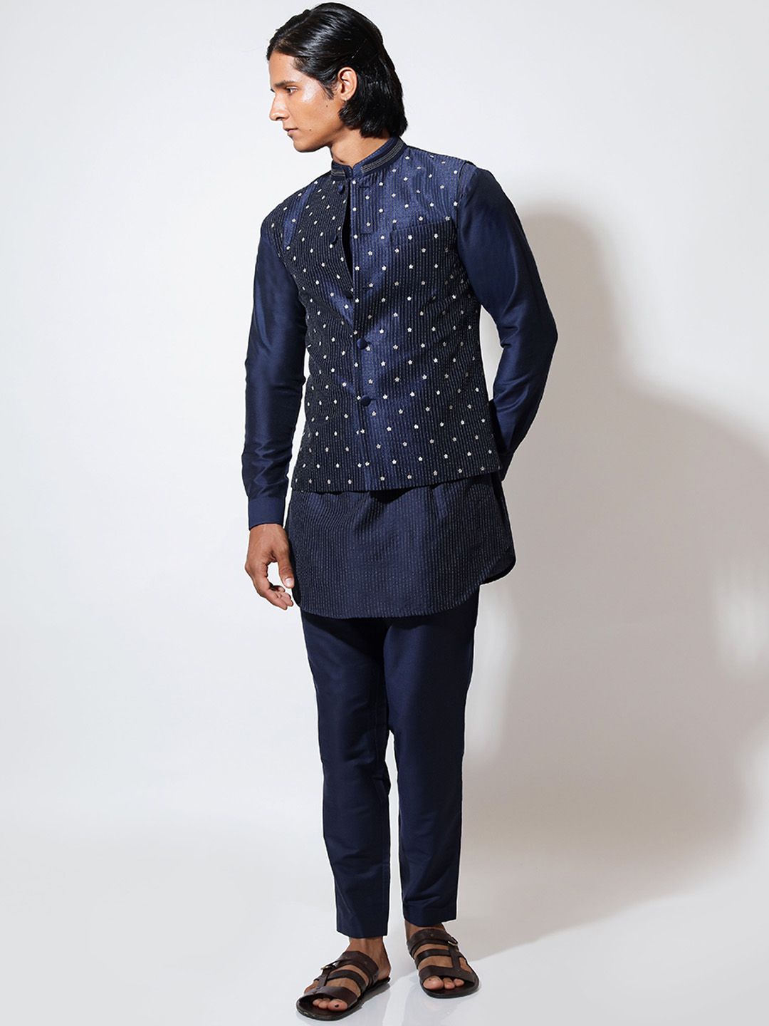 VIVEK KARUNAKARAN Striped Thread Work Straight Kurta with Pyjamas & Nehru jacket-picture-51