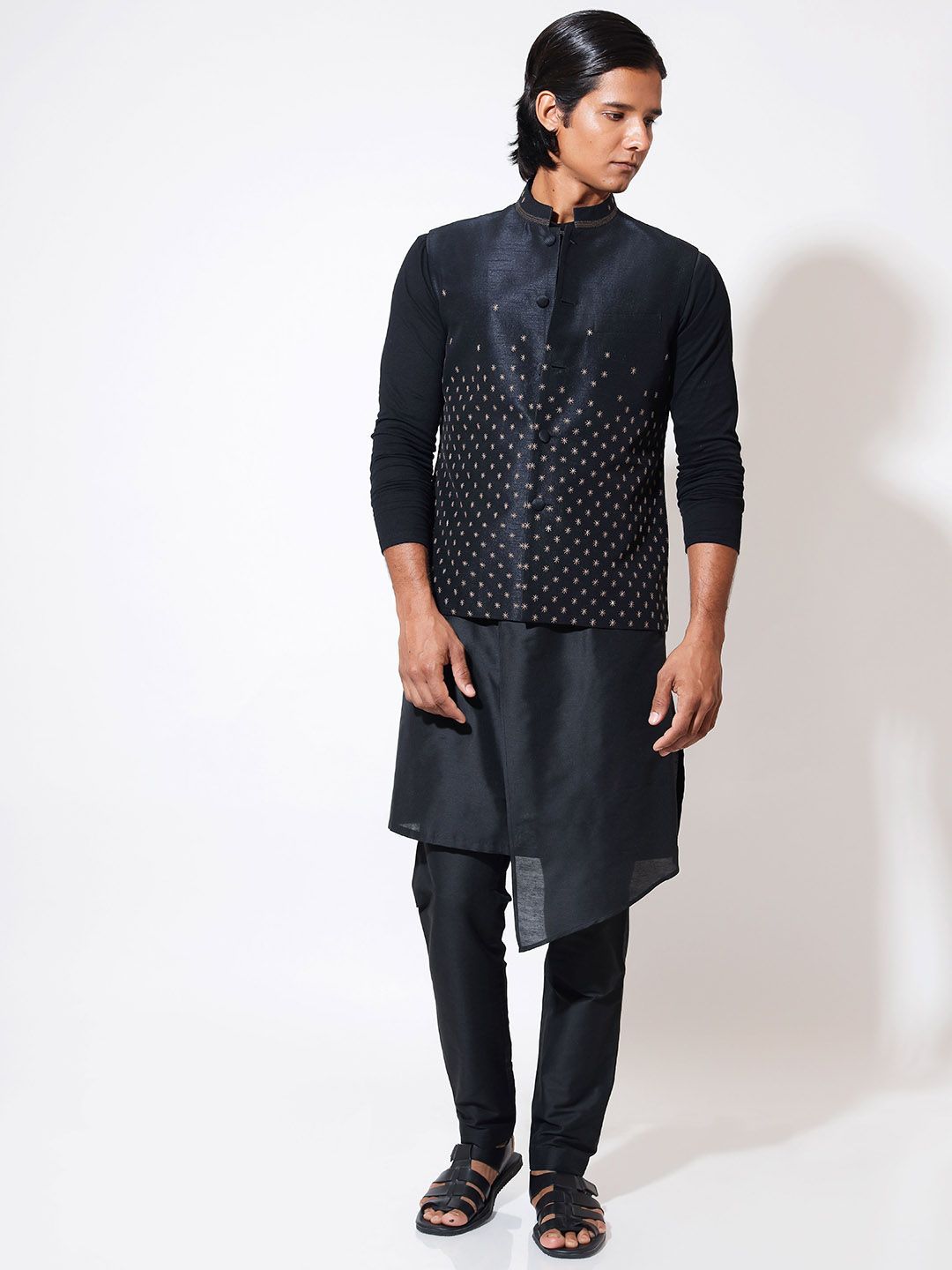 VIVEK KARUNAKARAN Mandarin Collar Straight Kurta with Churidar & Nehru jacket-picture-26