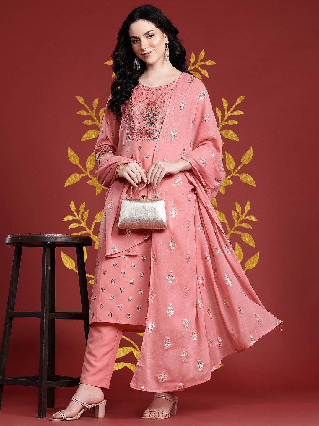 Anouk Floral Printed Kurta with Trousers & With Dupatta