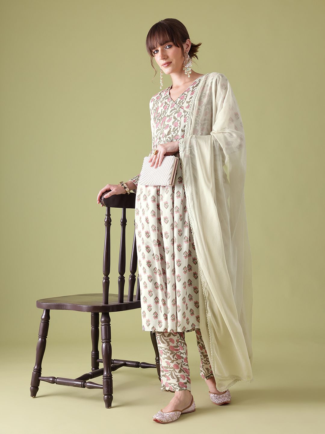 Orange Cotton Angrakha Style Kurta Pant Dupatta Set with Woven Stripes and Gold Print for Women