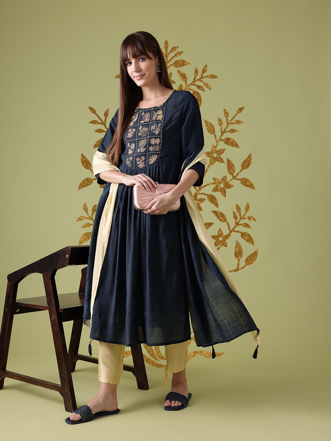 Anouk Yoke Design Pleated Kurta with Trousers & Dupatta