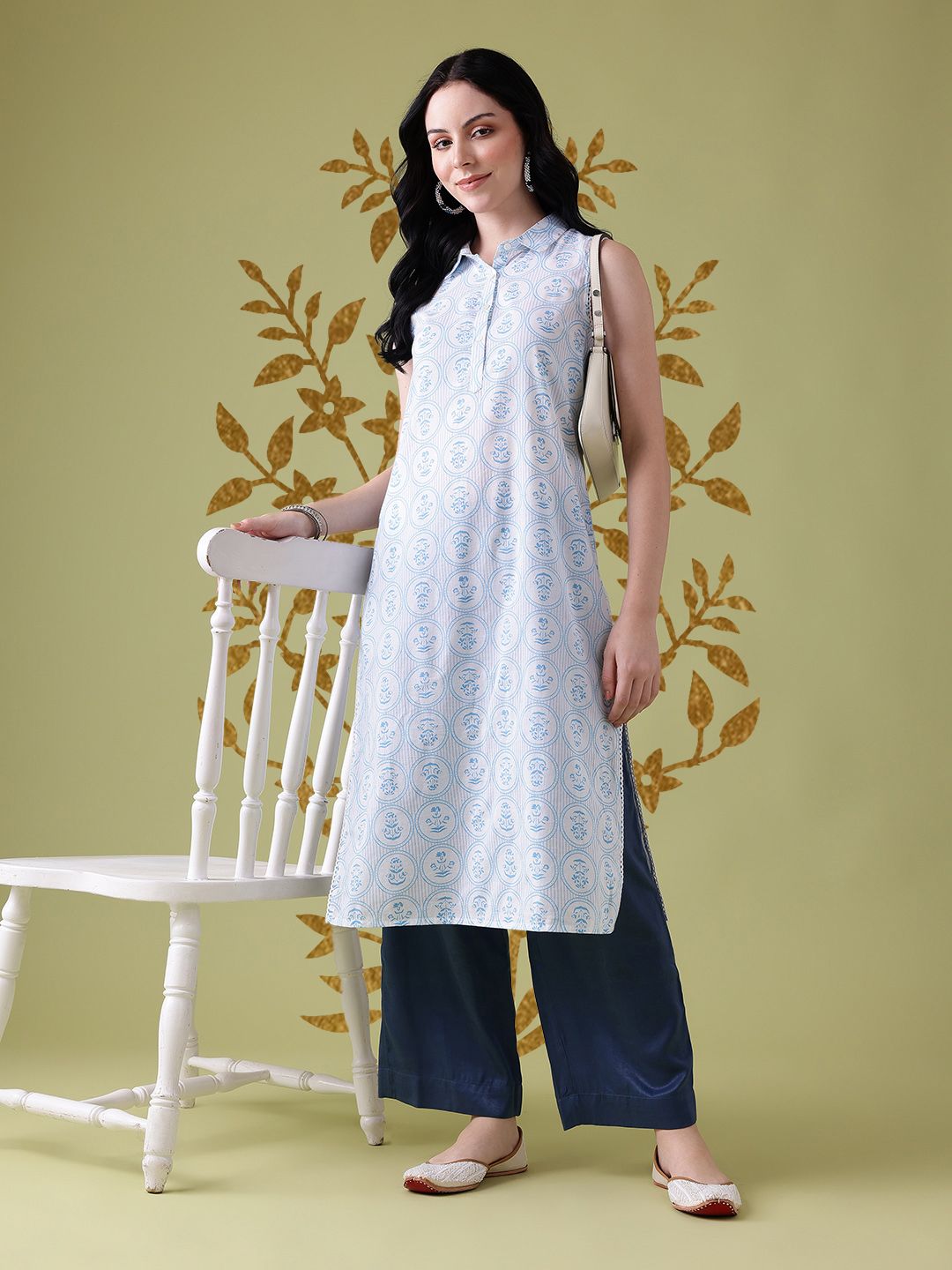 Anouk Floral Printed Pure Cotton Lace Insert Detail Calf-Length Straight Kurta-picture-41