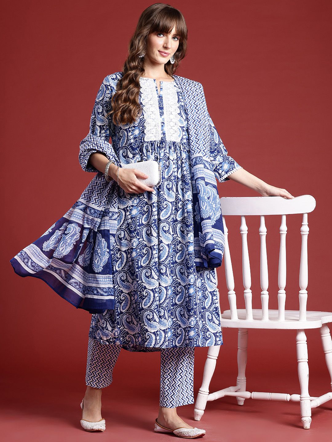 Anouk Paisley Printed Regular Thread Work Pure Cotton Kurta With Trousers & Dupatta
