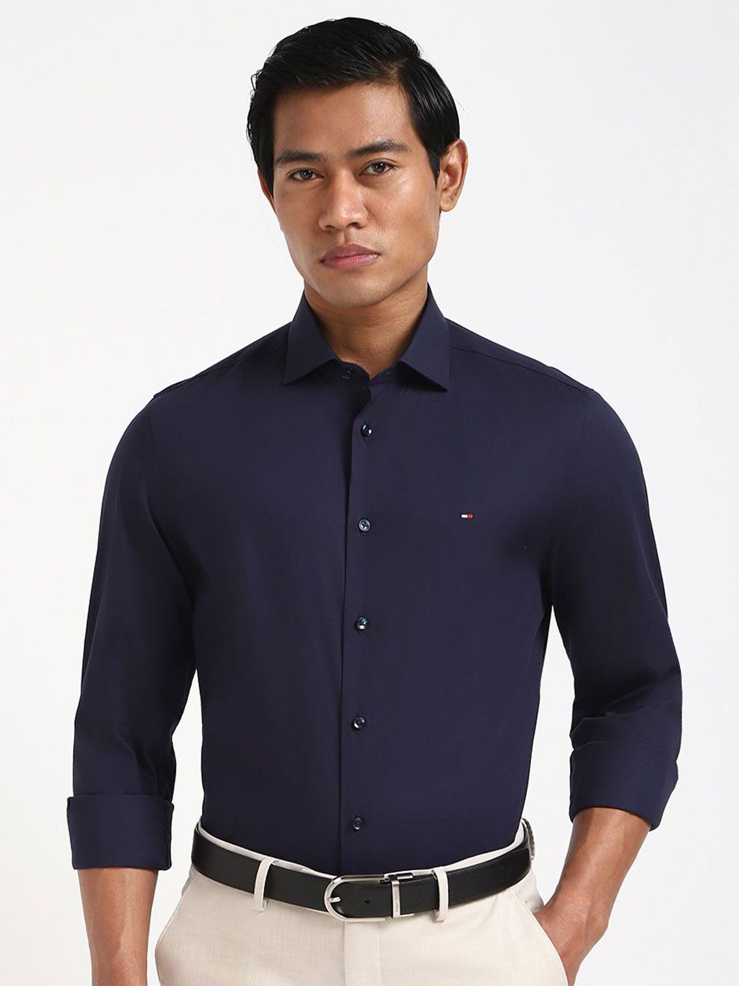 Tommy Hilfiger Men Spread Collar Solid Cotton Slim Fit Formal Shirt-image-35