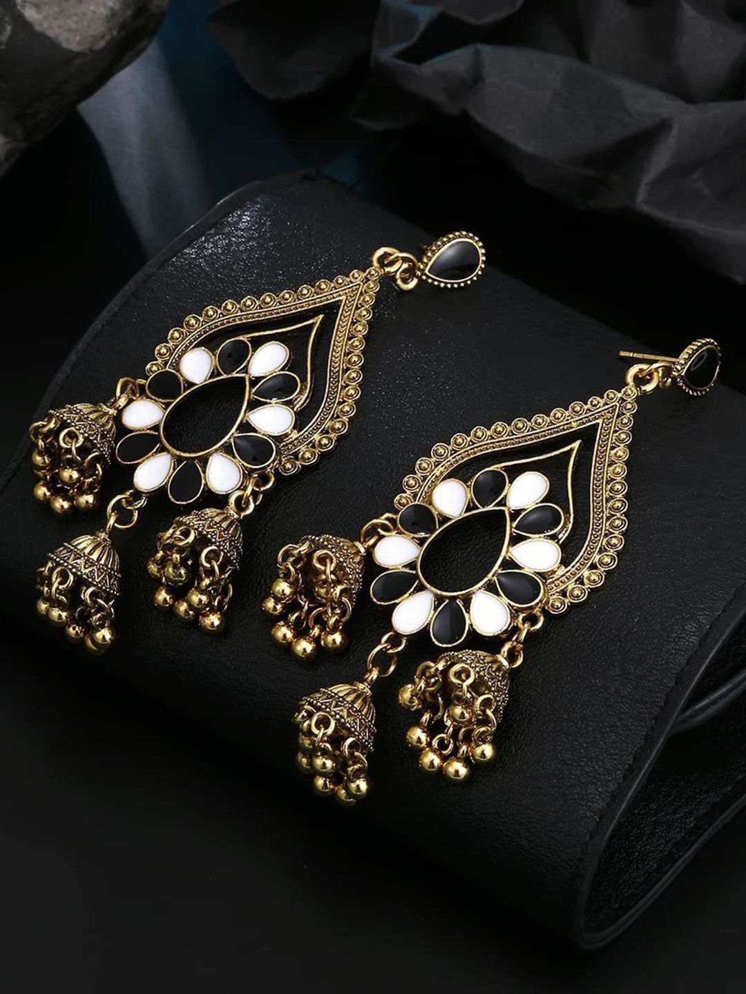 DESTINY JEWELS Gold-Plated Artificial Stones Studded And Beaded Teardrop Earrings-picture-50