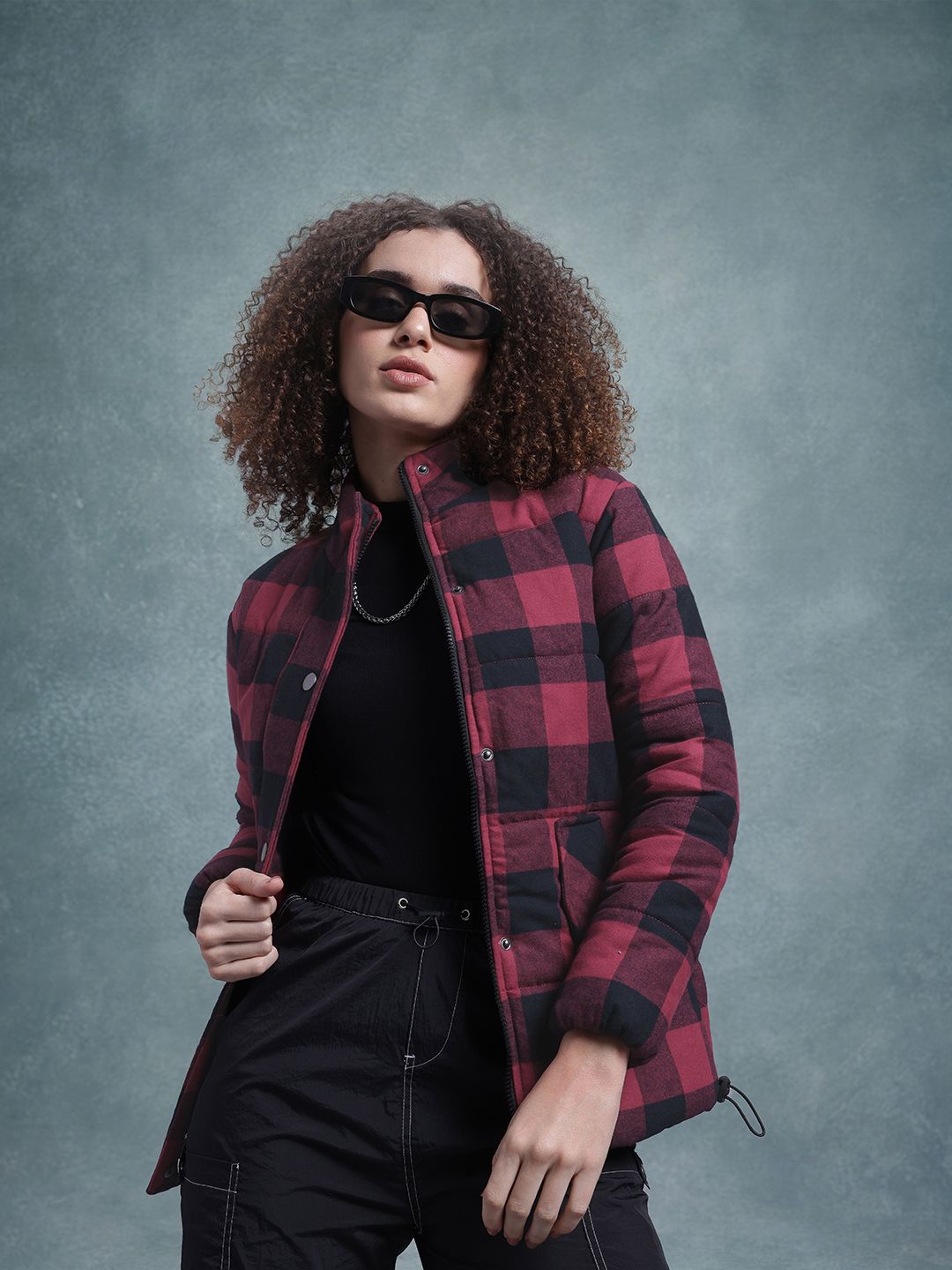 The Roadster Lifestyle Co. Checked Mock Collar Padded Jacket-image-46