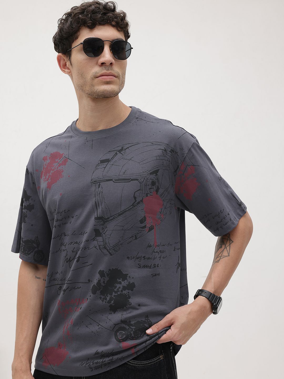 The Roadster Life Co. Graphic & Typography Print Drop-Sleeves Pure Cotton Relaxed T-shirt-picture-44