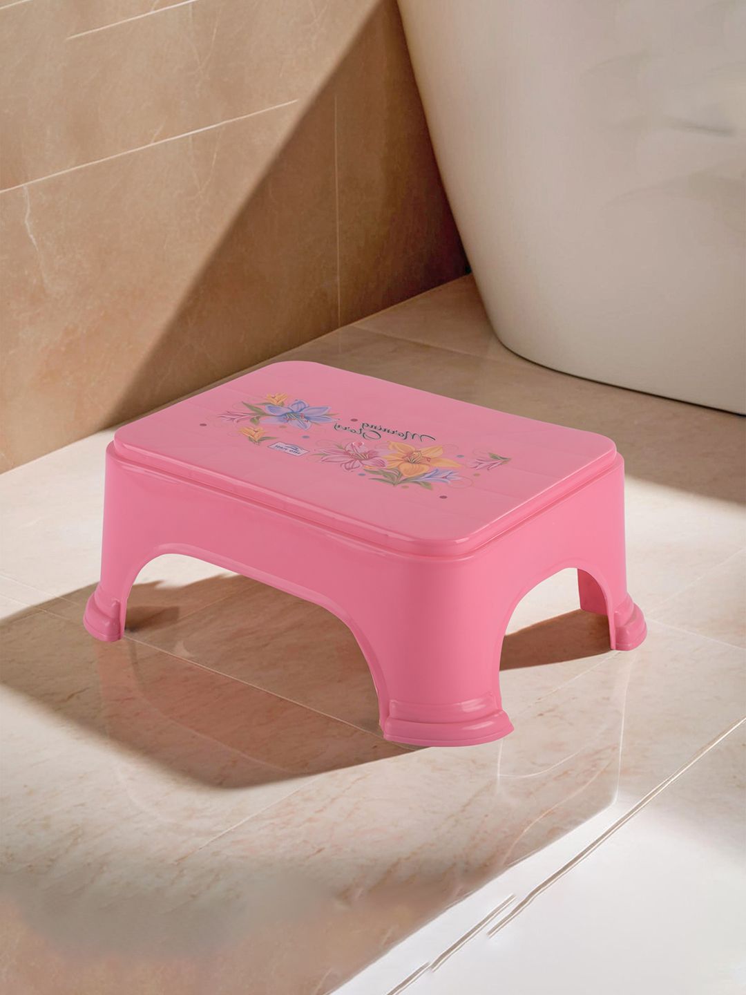 Kuber Industries Pink & Yellow Printed Strong & Durable Square Bathroom Stools