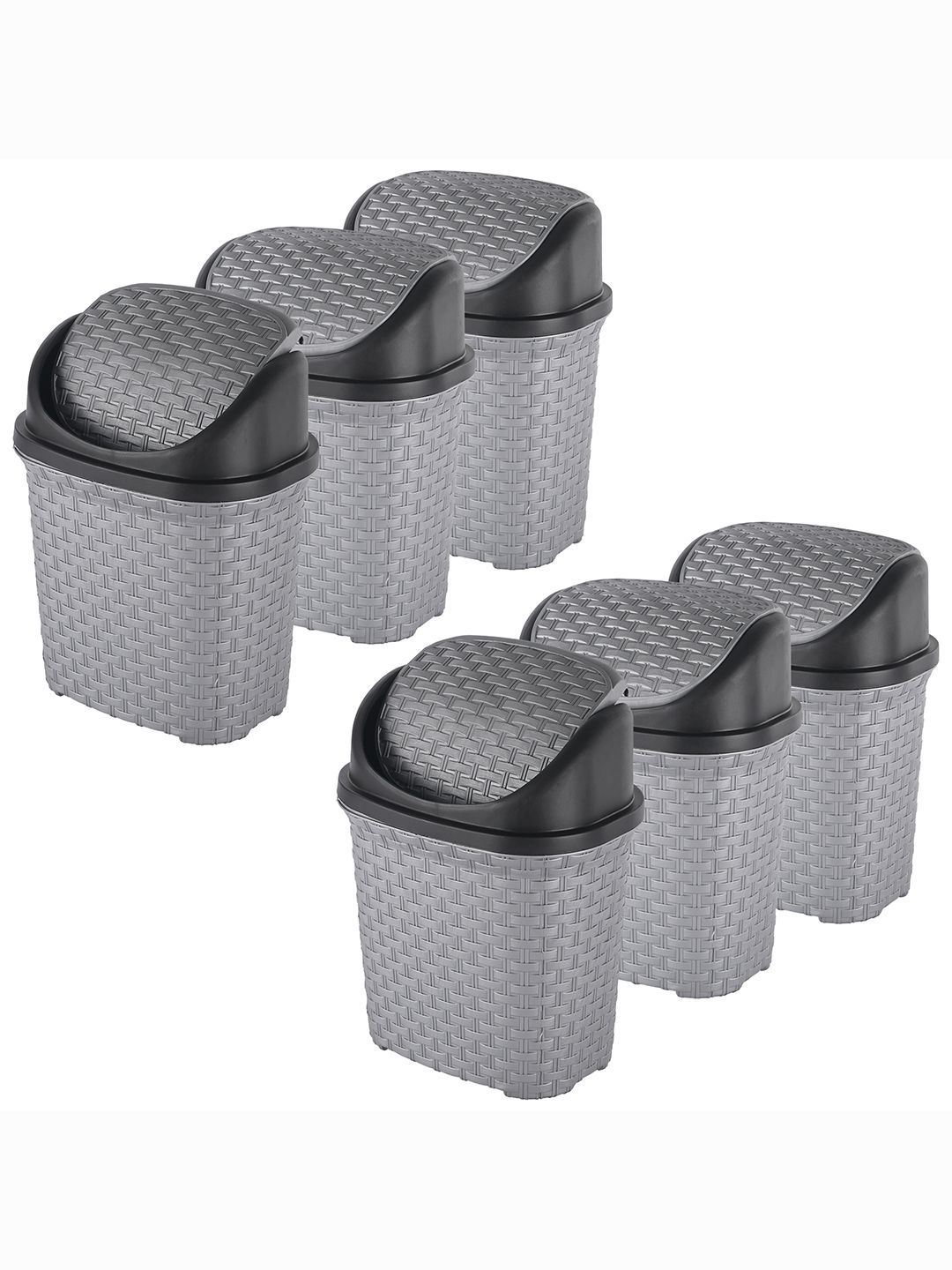 Kuber Industries 6-Pcs Grey & Black Textured Check Dhakkan Pedal Dustbin - 7 Ltrs