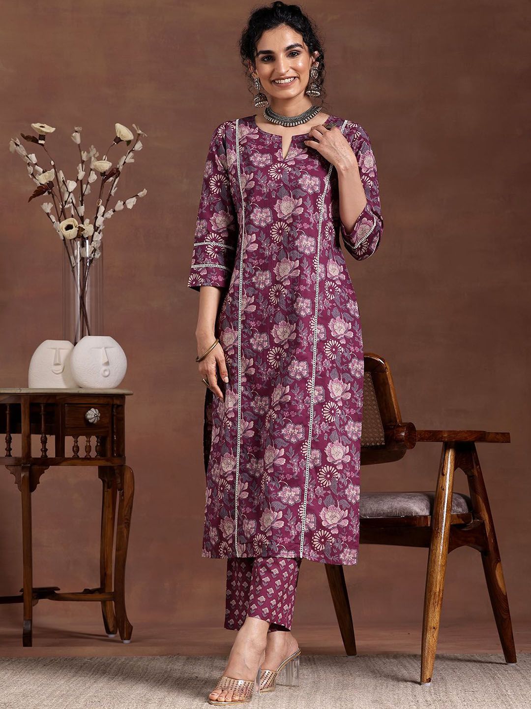 Libas Women Floral Printed Panelled Pure Cotton Kurta with Trousers-image-45