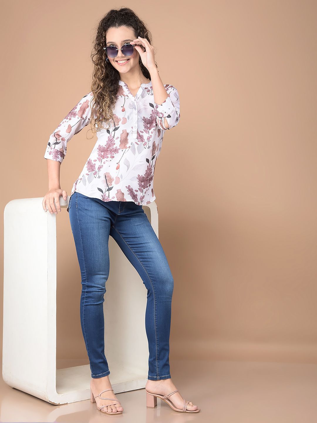 Crimsoune Club Women Floral Printed Cuffed Sleeves Mandarin Collar Cotton Top-picture-35