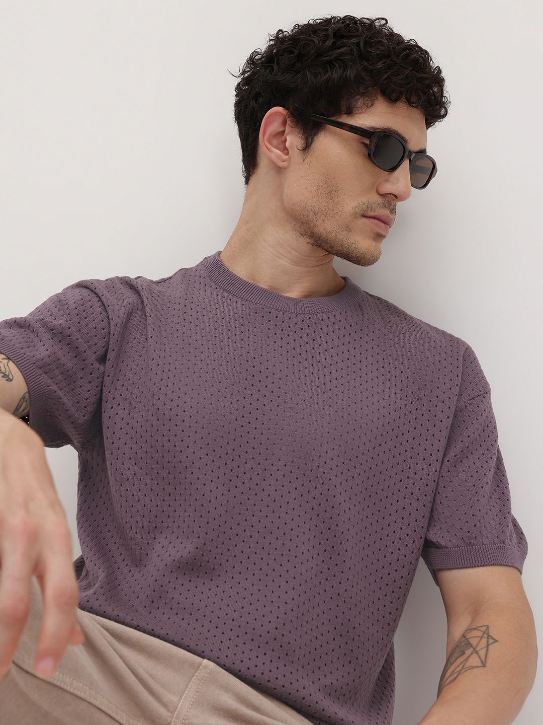 The Roadster Life Co. Open Knit Drop-Shoulder Sleeves Pure Cotton T-shirt-picture-21