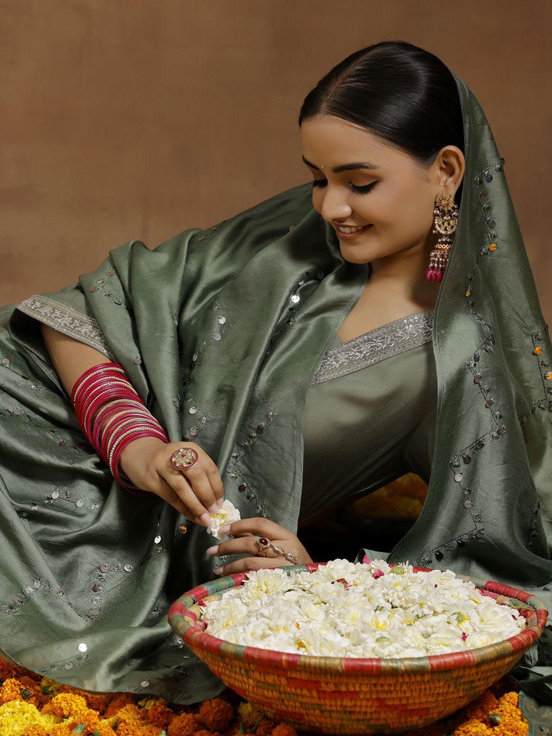 Gerua By Libas Women Floral Yoke Design Regular Sequinned Kurta with Trousers & With Dupatta-image-21