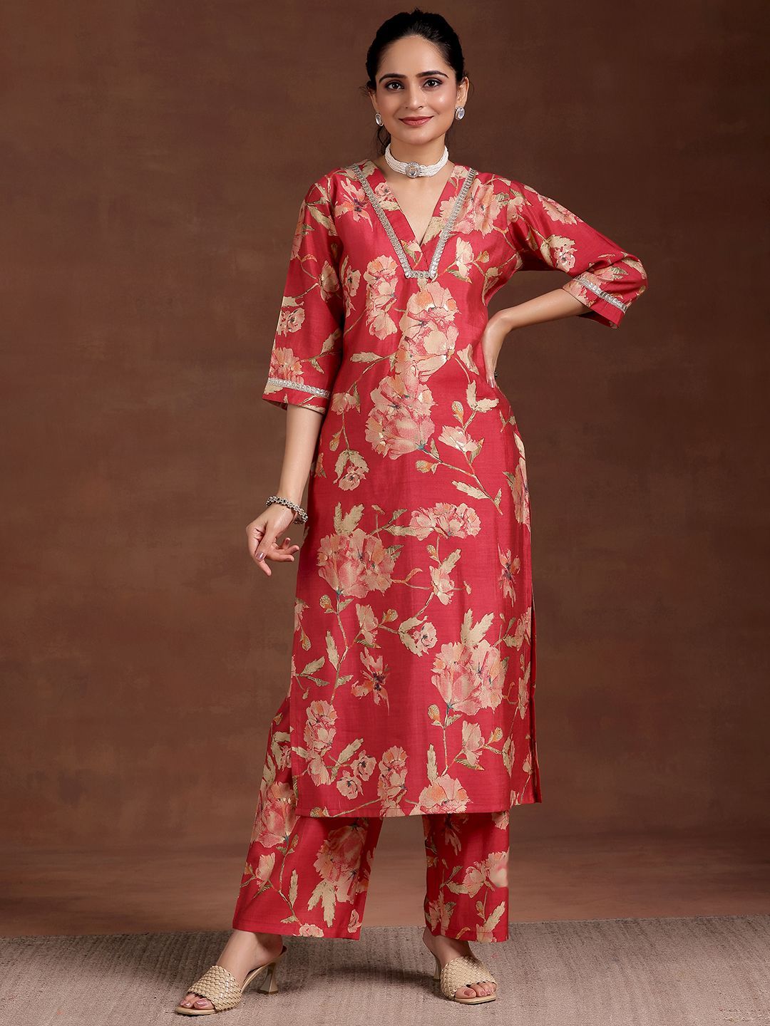 Olive Green Floral Print High-Slit Kurta With Gotta Patti Details With Pink Solid Palazzos.