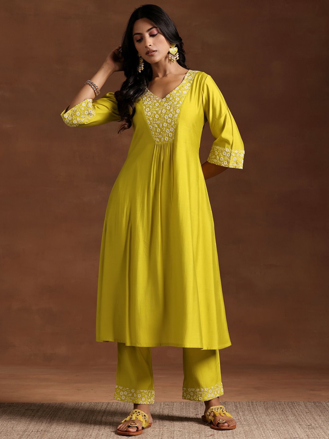 Libas Women Floral Yoke Design Pleated Thread Work Kurta with Trousers