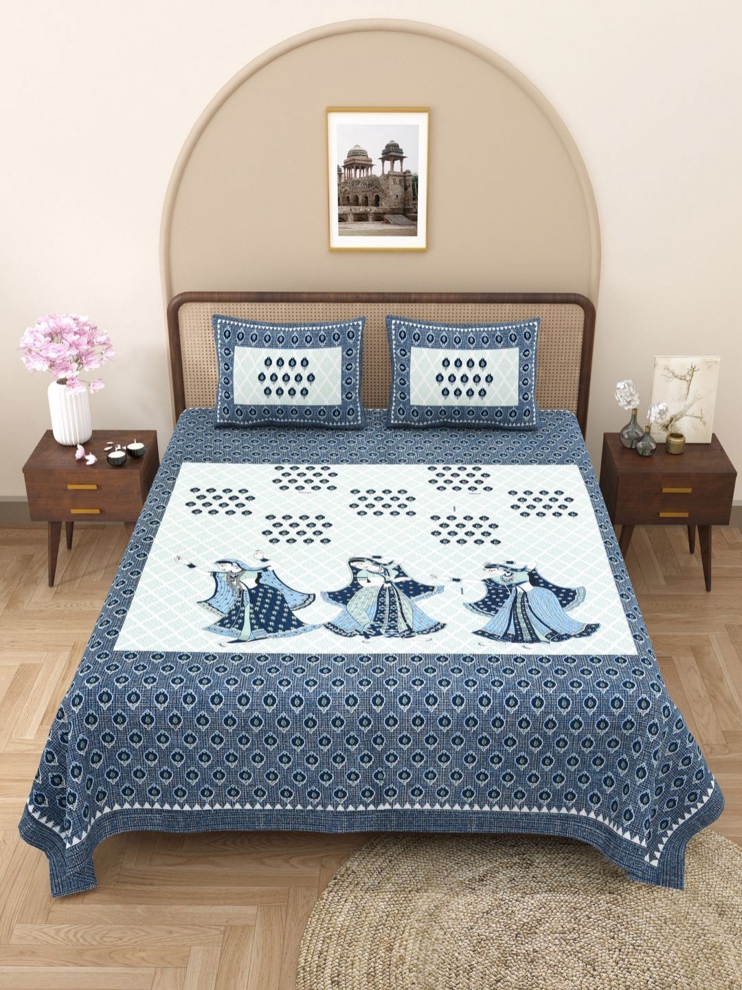 Wayne Martin Blue Floral 330 TC King Bedsheet with 2 Pillow Covers-picture-32