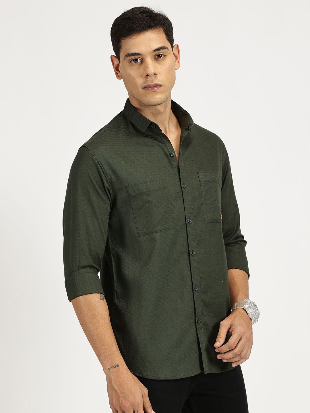 RAVINIK Men India Slim Fit Spread Collar Solid Cotton Casual Shirt-picture-32