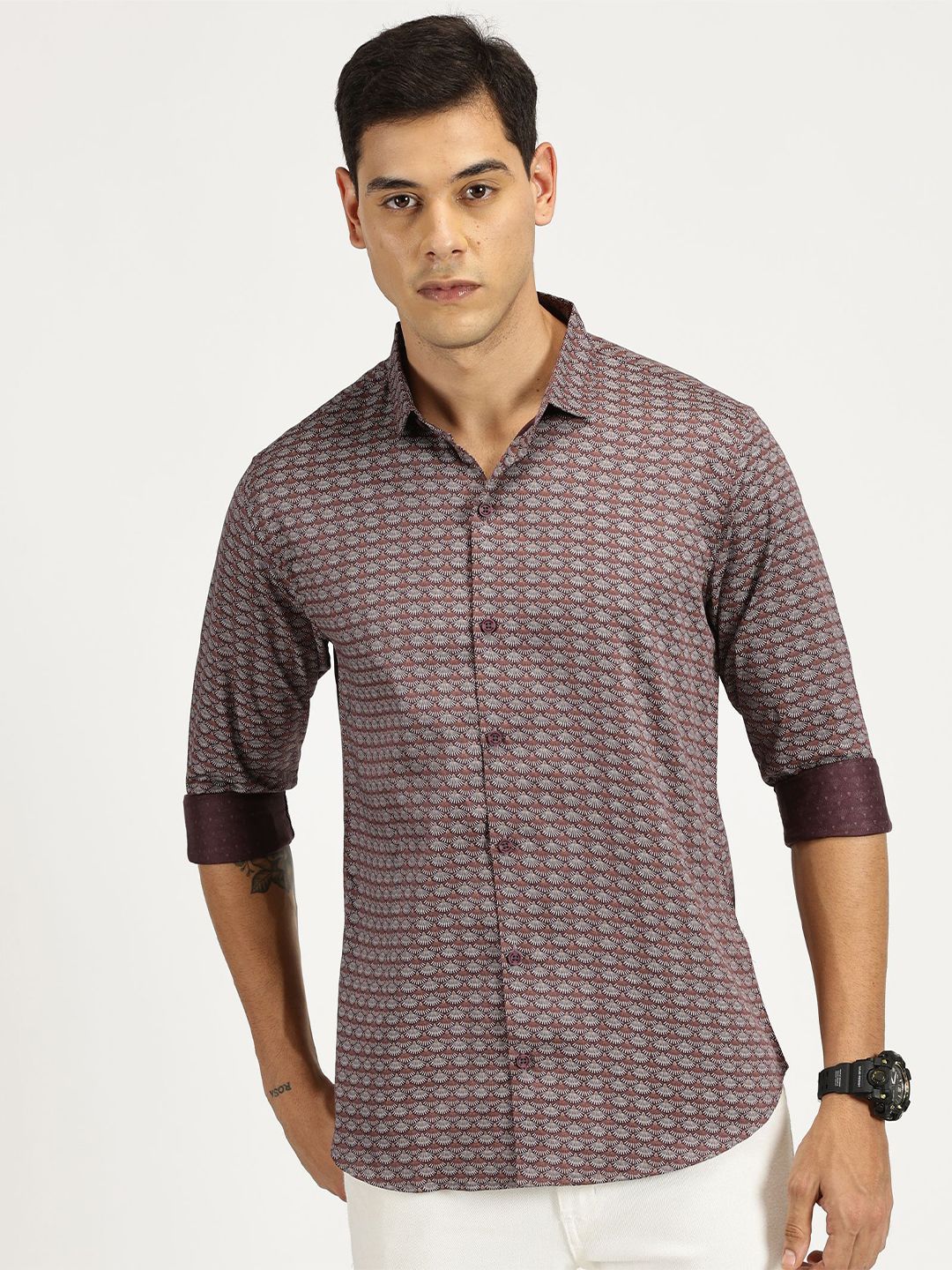 RAVINIK Men India Slim Fit Spread Collar Abstract Printed Cotton Casual Shirt-picture-36