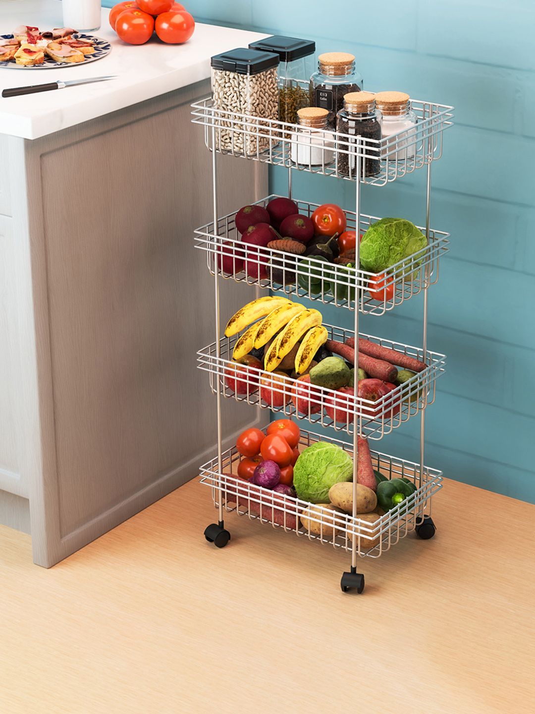 Kuber Industries Unisex Silver Metal 4-Layer Fruits Stand with Wheels Kitchen Trolley-image-9