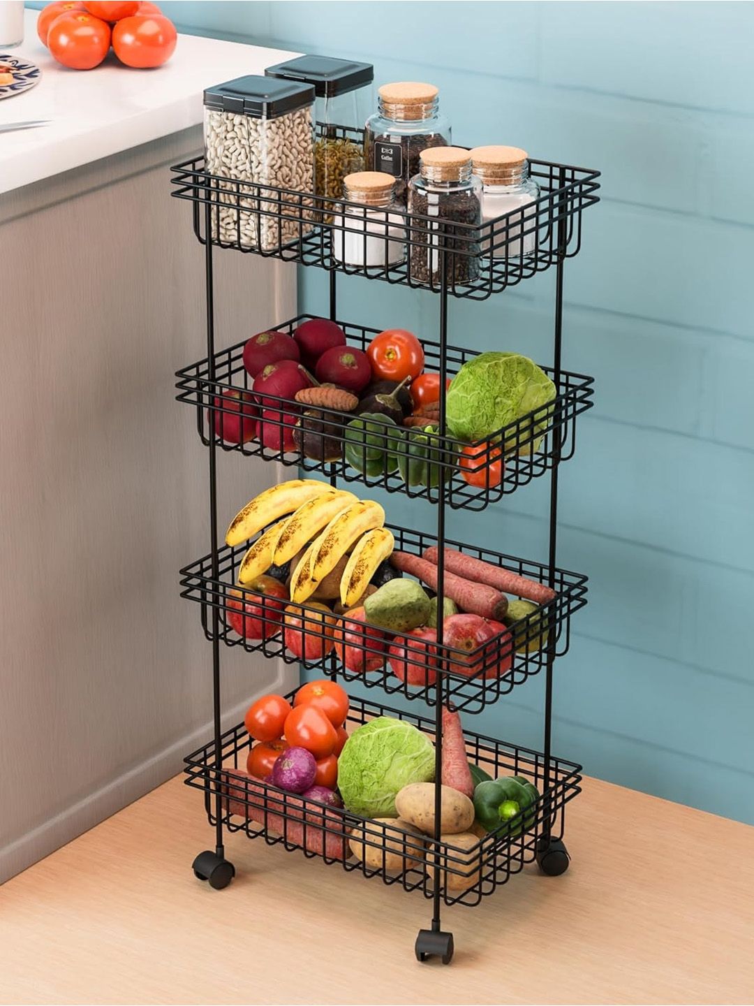 Kuber Industries Unisex Black Metal 4-Layer Fruits Stand with Wheels Kitchen Trolley-image-19