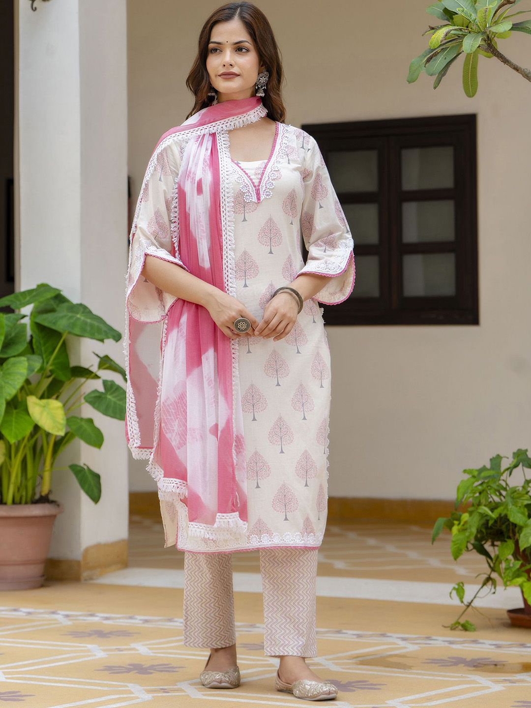 EthniFlair Women Floral Printed Regular Aari Work Pure Cotton Kurta with Palazzos & With Dupatta-image-32