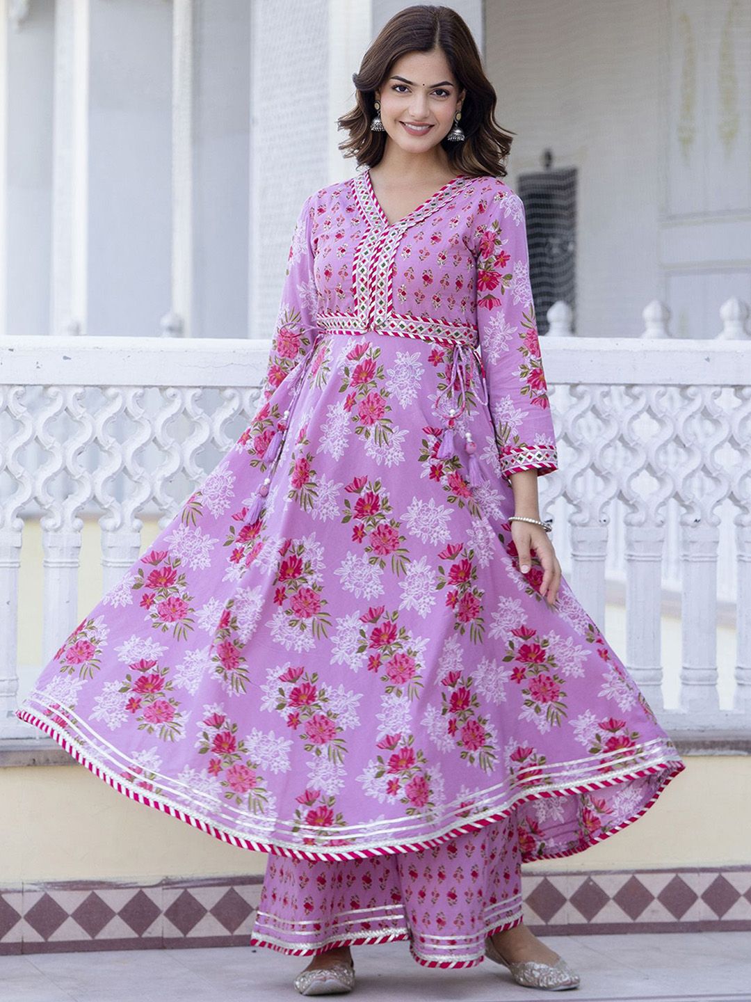 Girls Floral Printed Empire Gotta Patti Kurta With Palazzos With Dupatta