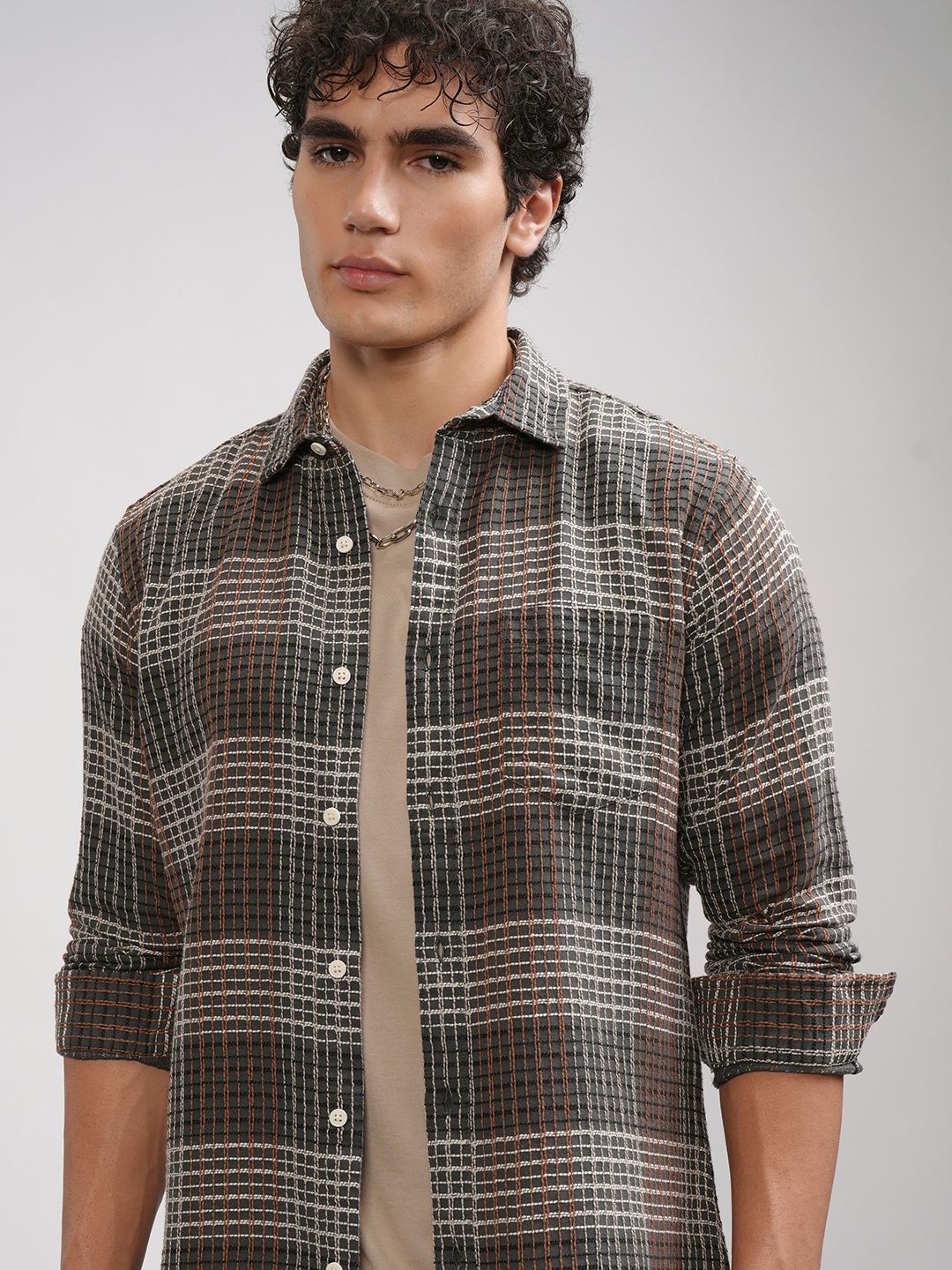 HIGHLANDER Men Spread Collar Textured Cotton Relaxed Fit Casual Shirt-image-29