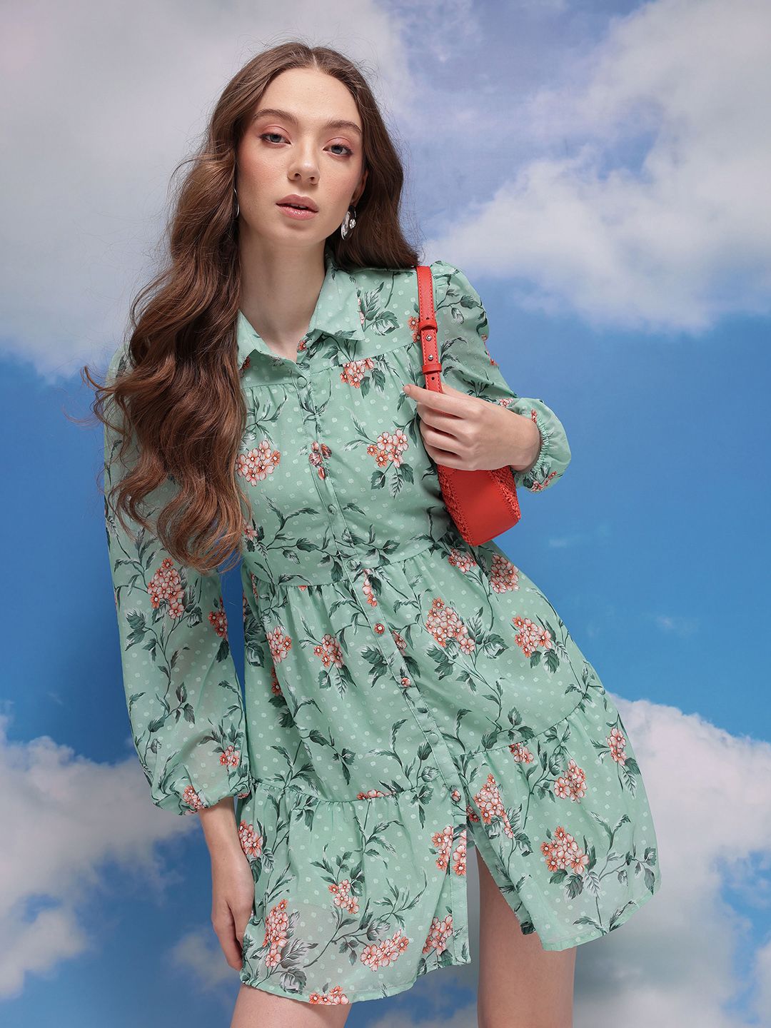 CORSICA Floral Print Dobby Weave Puff Sleeve Shirt Dress-picture-35