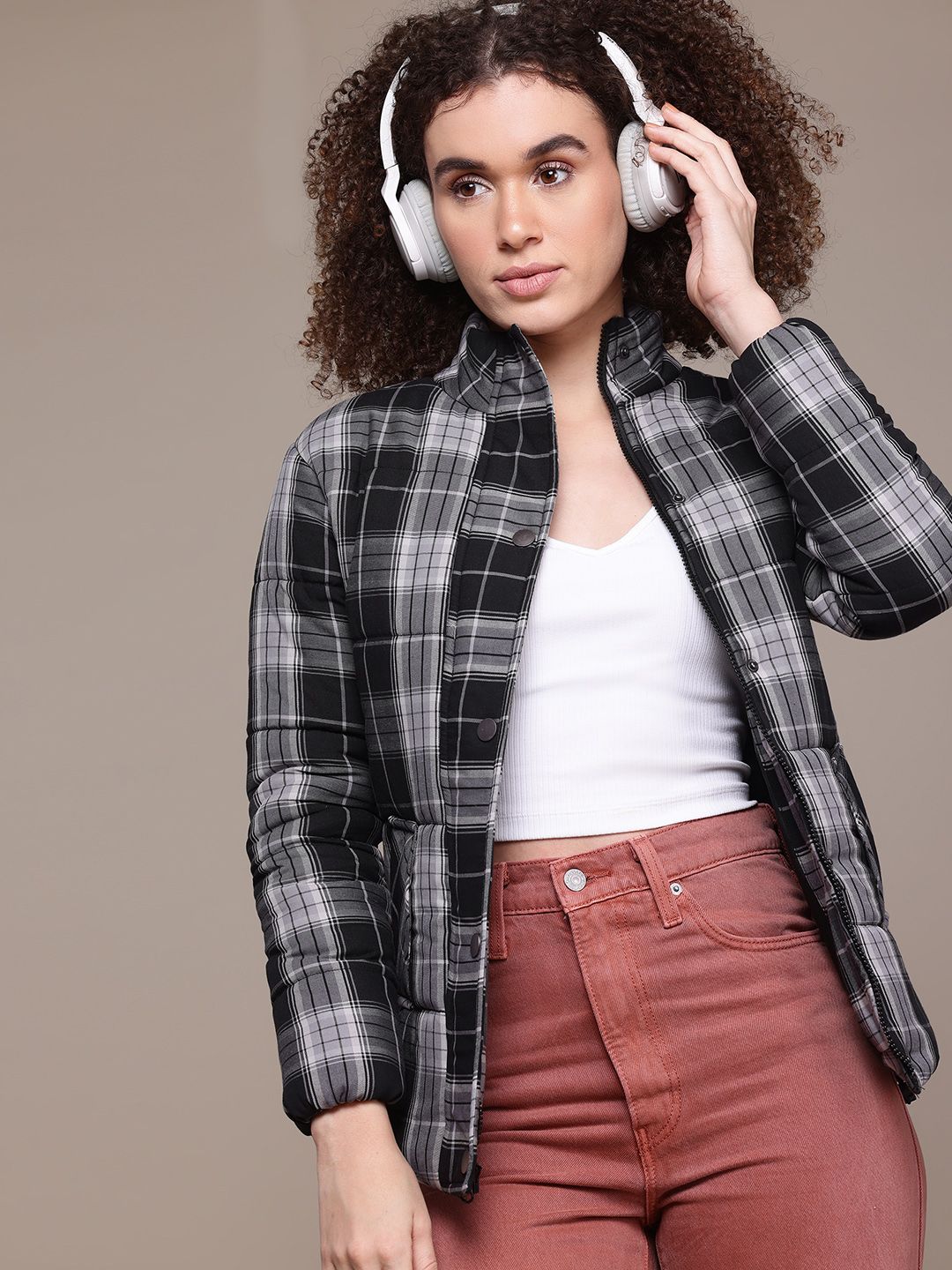 The Roadster Lifestyle Co. Checked Mock Collar Pure Cotton Padded Jacket-image-48