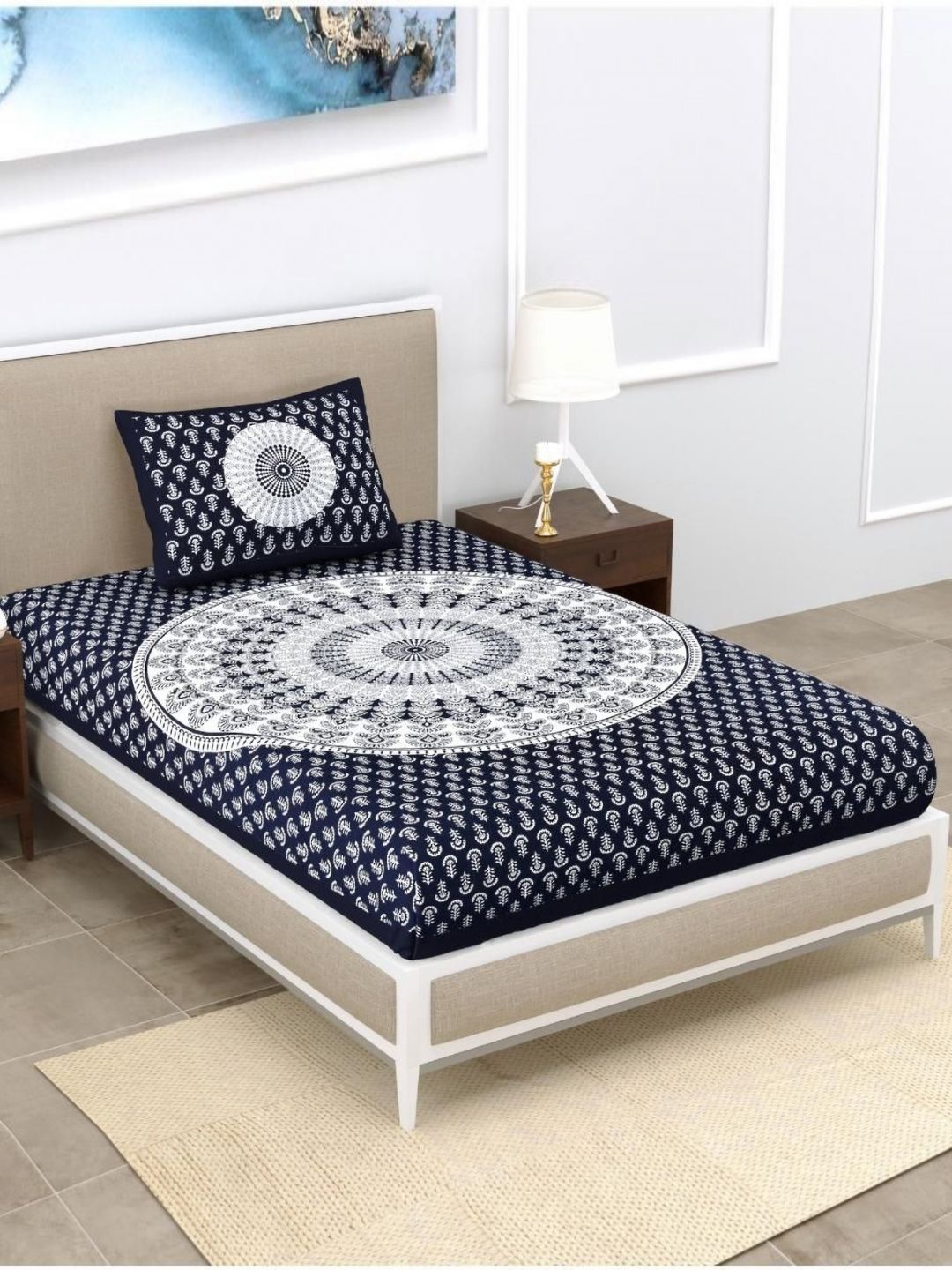 Aura Blue & White Floral 120 TC Single Bedsheet with 2 Pillow Covers-picture-23