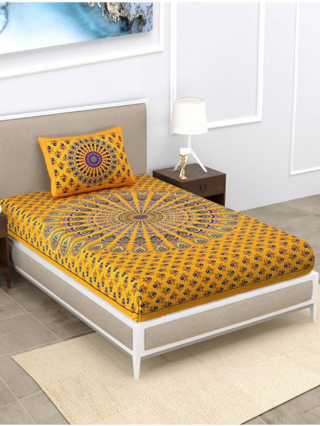 Aura Yellow & Green Floral 120 TC Single Bedsheet with 2 Pillow Covers-picture-14