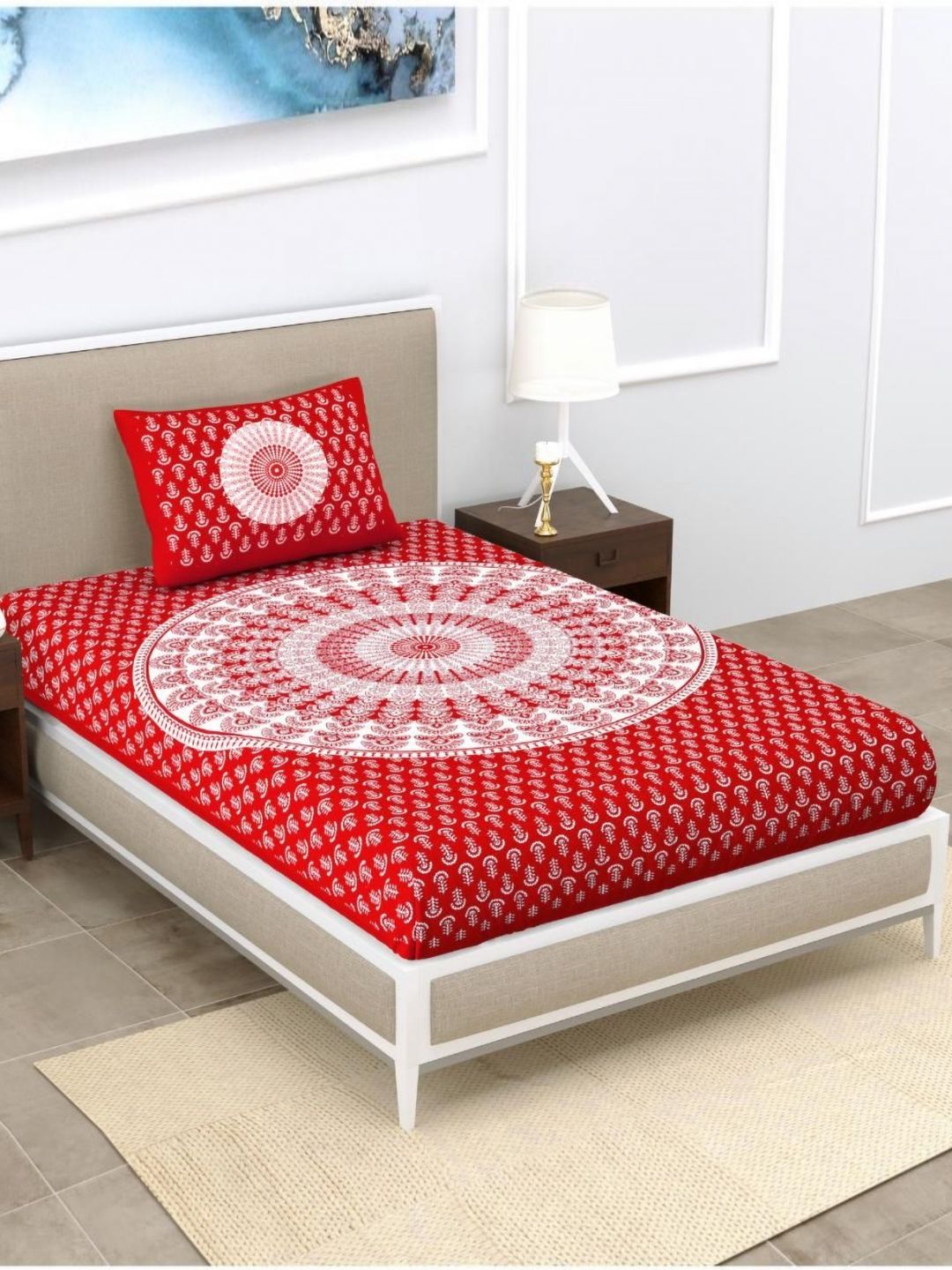 Aura Red & White Floral 120 TC Single Bedsheet with 2 Pillow Covers-picture-27