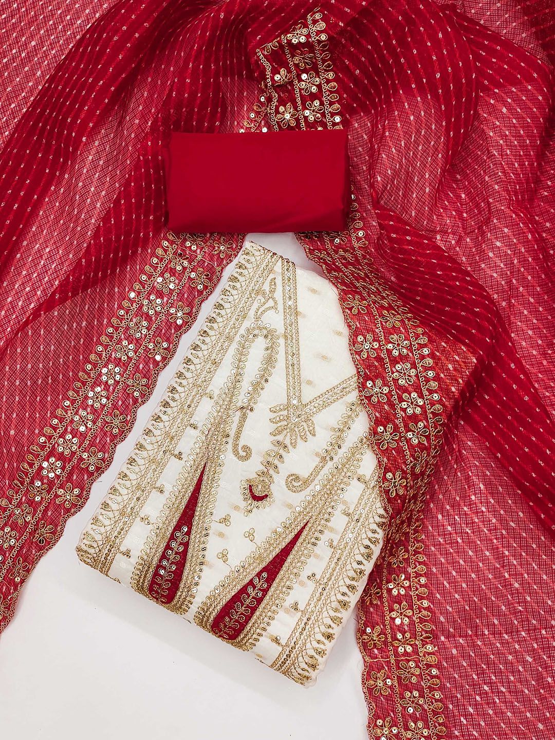 KALINI Paisley Embroidered Sequinned Chanderi Butti Silk Unstitched Dress Material-picture-13