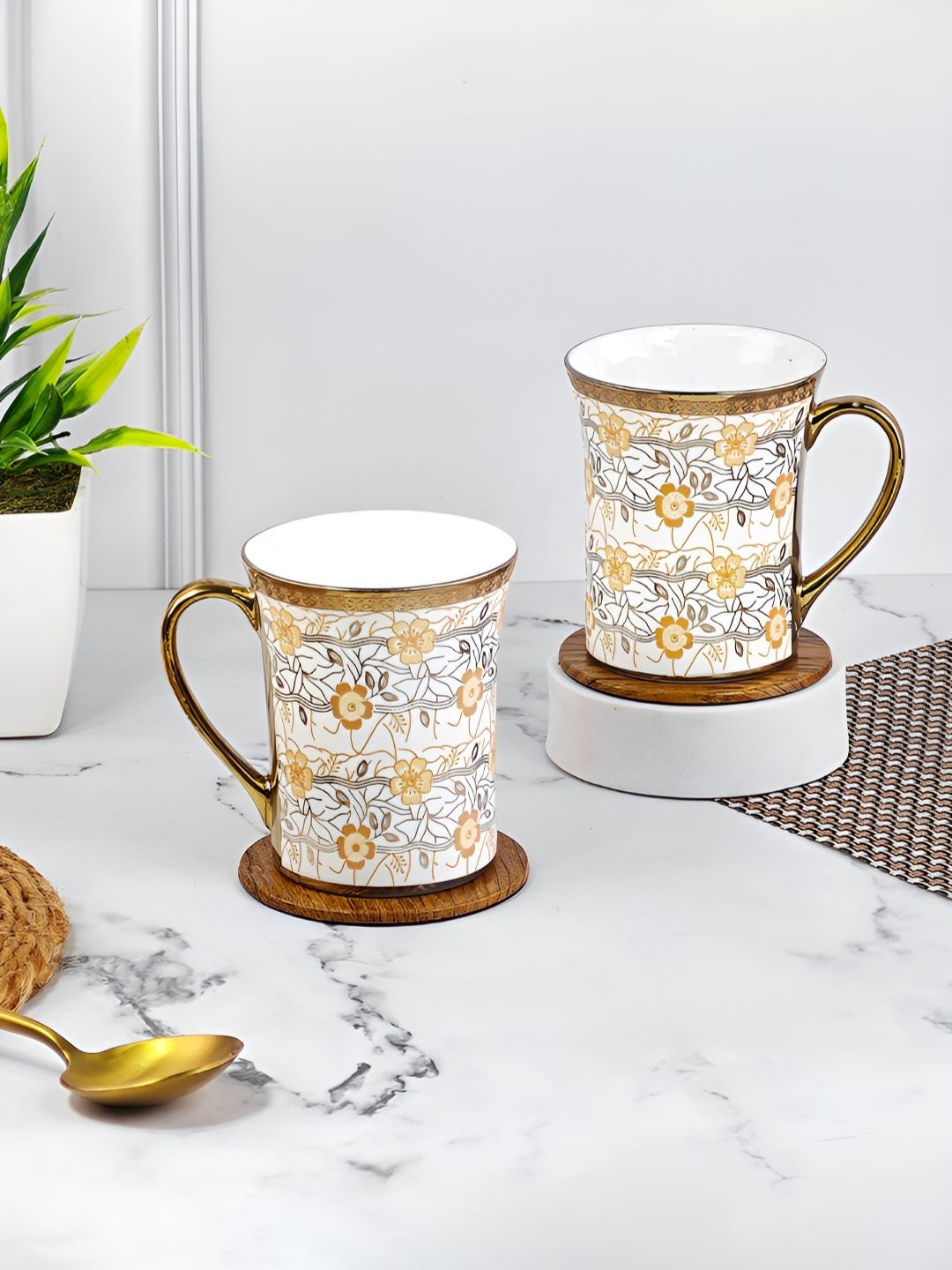 UPC Gold-Toned & White 2 Pieces Floral Printed Ceramic Glossy Cups-picture-6