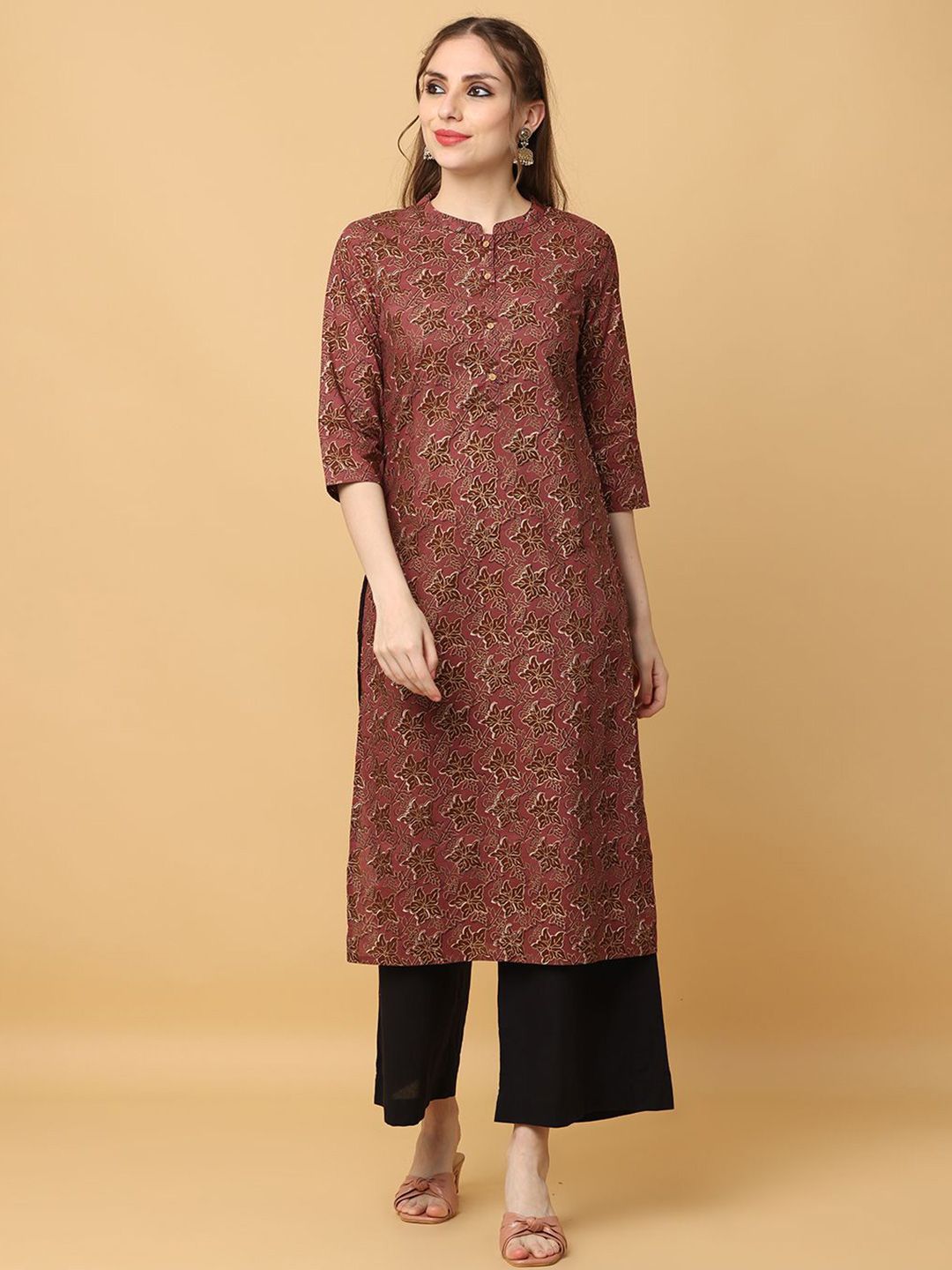 Women Solid Coral Three-Quarter Sleeves Mandarin Collar Cotton Straight Kurta main image 0