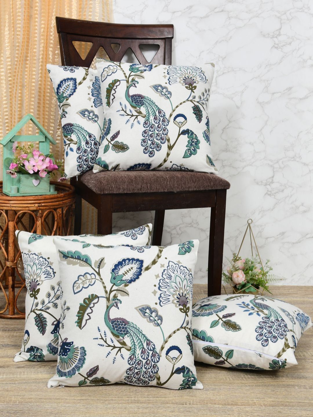 Clasiko White & Blue 5 Pieces Ethnic Motifs Pure Cotton Square Cushion Covers-picture-53