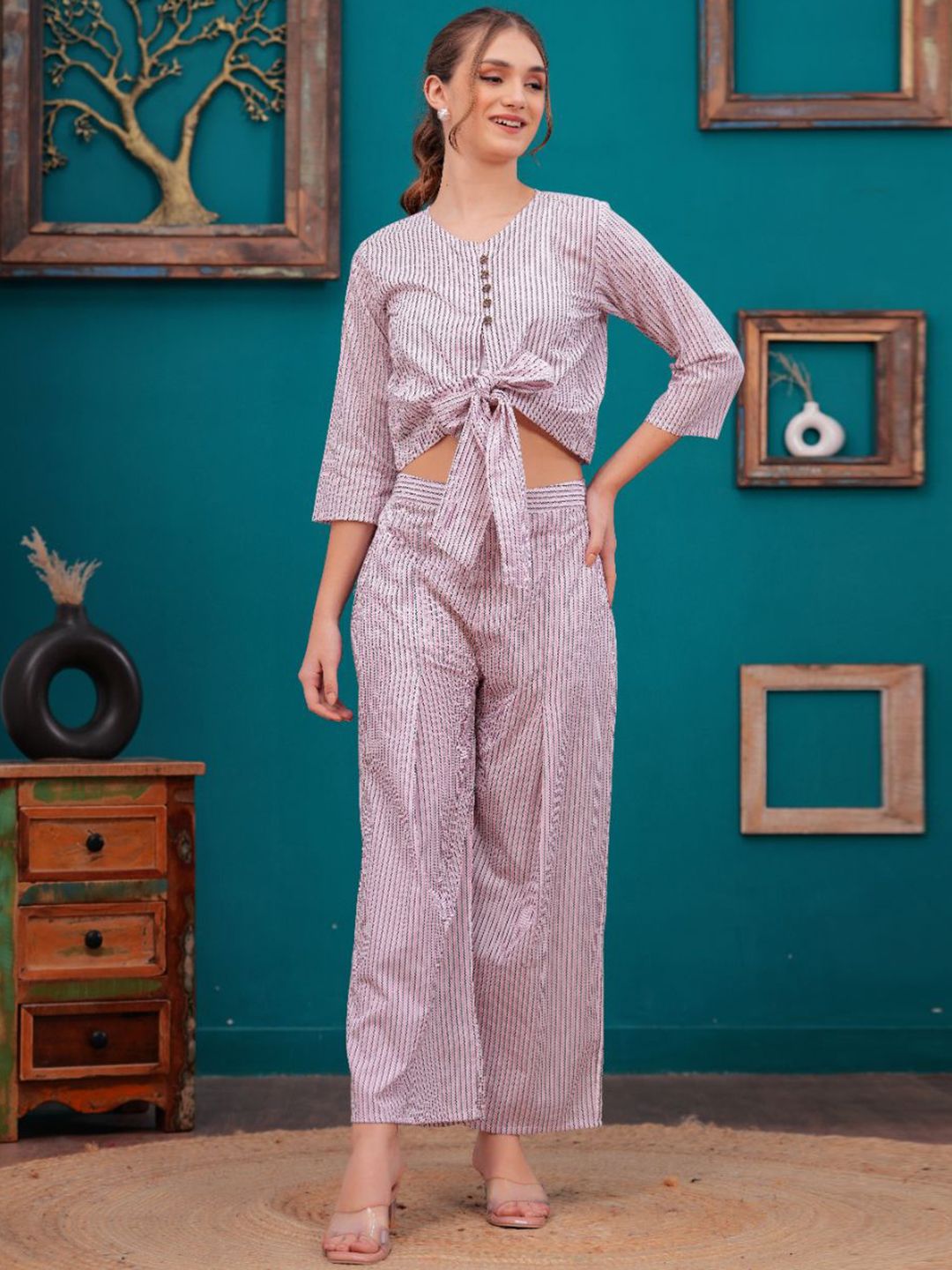 KALINI Striped Printed Round Neck Pure Cotton Crop Casual Top With Palazzos-picture-13