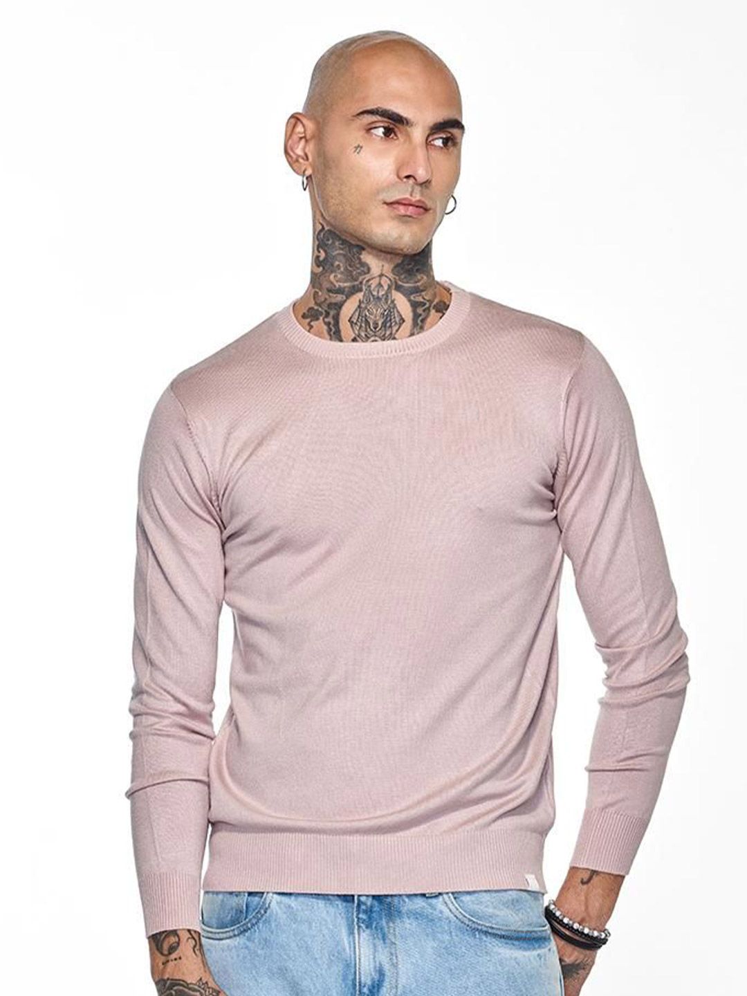 Snitch Men Light Pink Plain Pullover Sweater-picture-37
