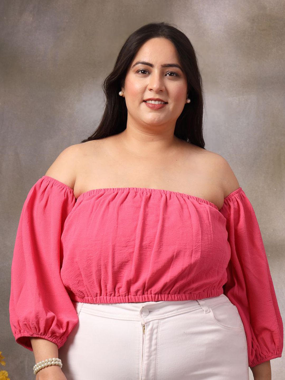 CURVE BY KASSUALLY Women Off-Shoulder Puff Sleeve Crop Top-picture-14