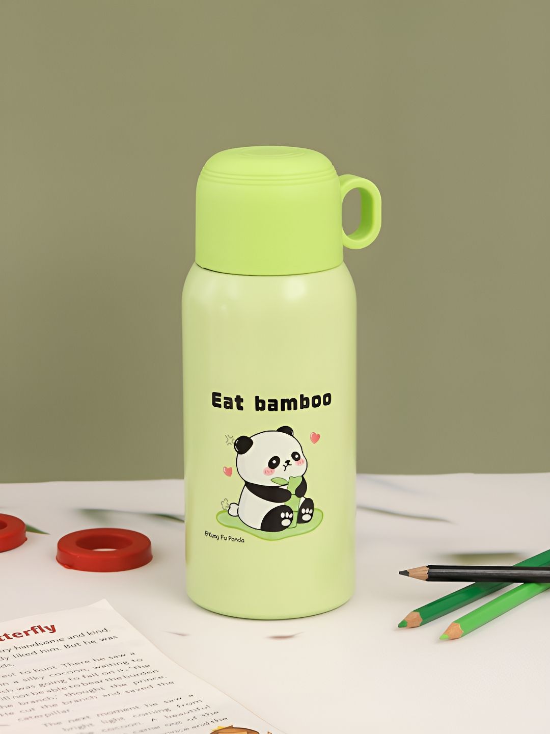 Yellow Bee Green & Black Single Stainless Steel Printed Water Bottle