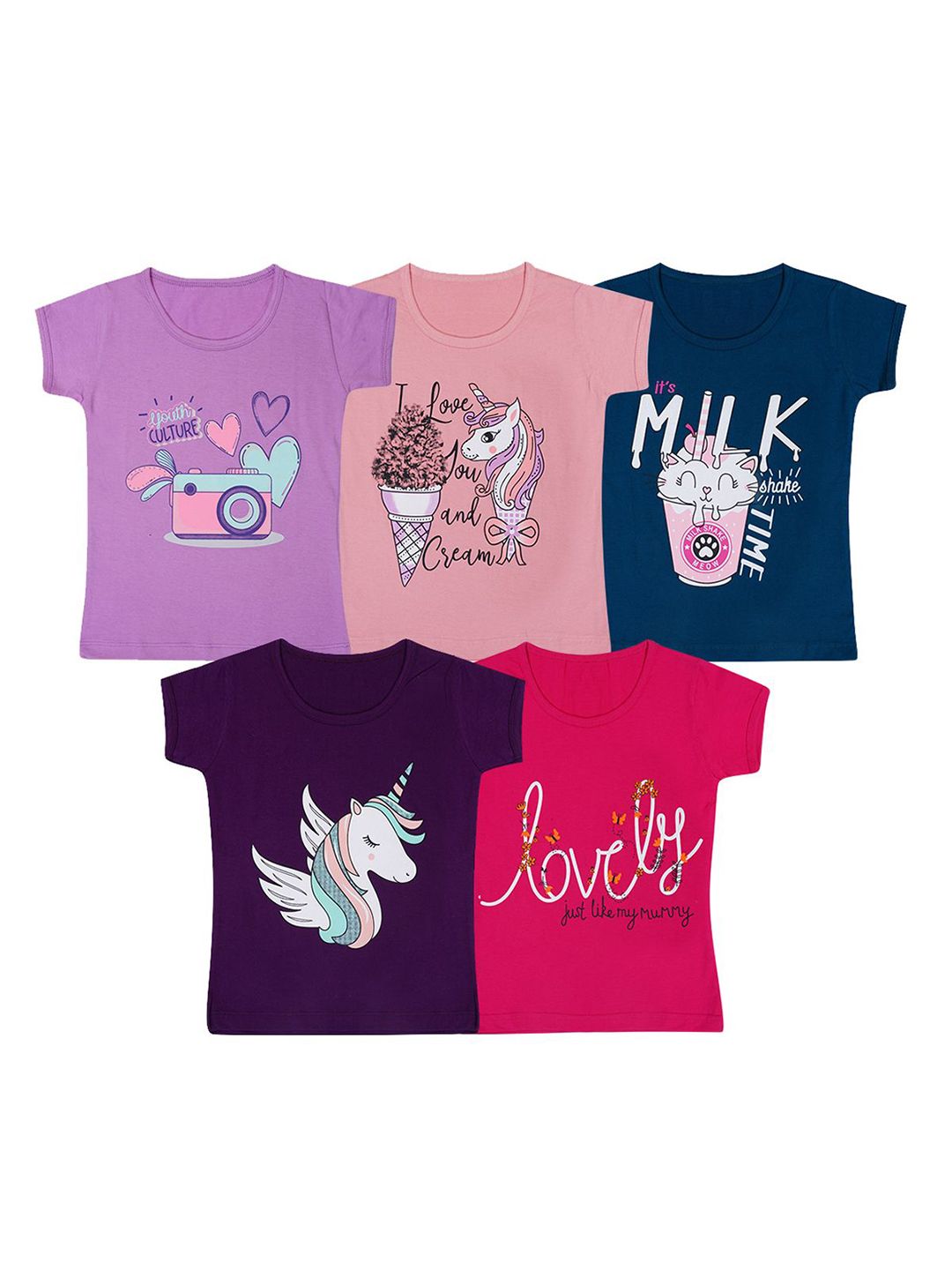 FAZZA Girls Pack Of 5 Typography Printed Round Neck Cotton T-shirts-picture-52