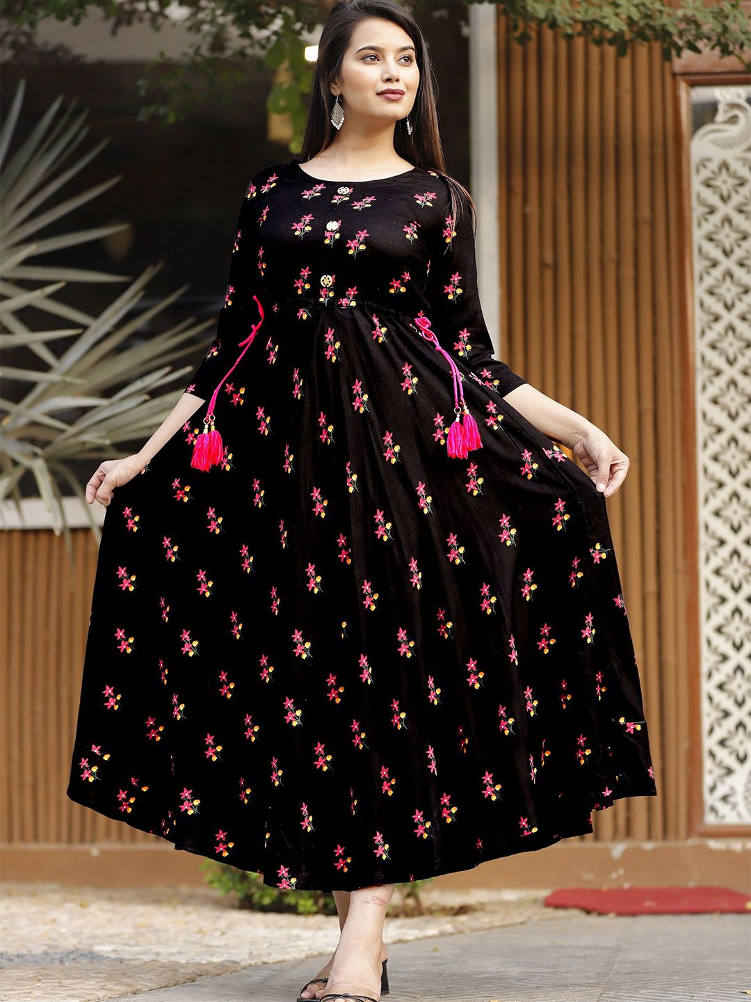 GREYSHADE Floral Printed Waist Tie-Ups Maxi Ethnic Dresses-image-20